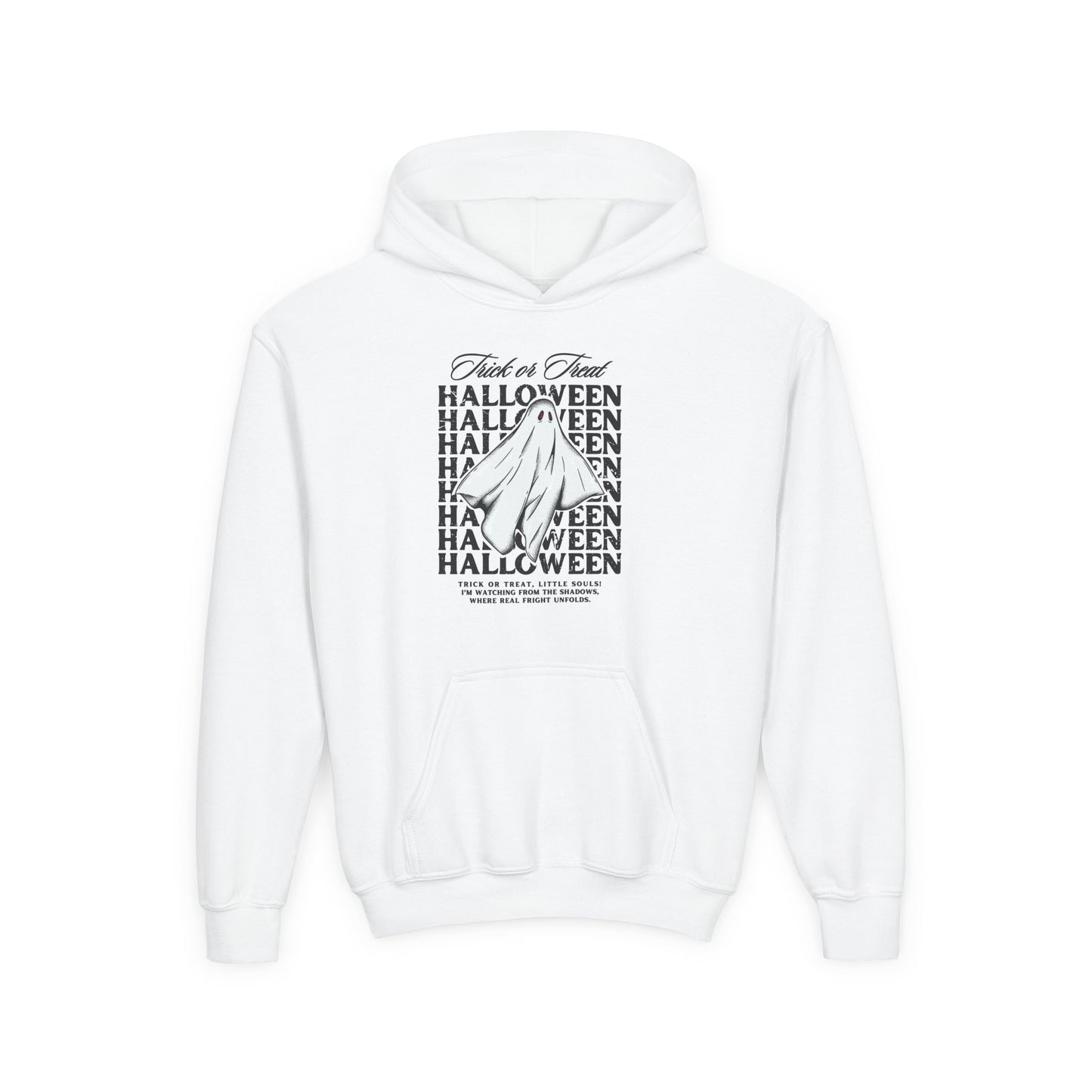 Halloween Youth Hoodie, Spooky Season Sweatshirt, Trick or Treat Pullover, Kids Halloween Apparel, White Halloween Hoodie