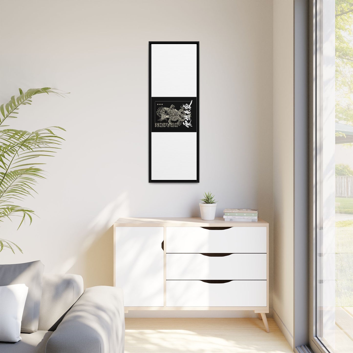 Framed Dragon Art Print, Asian-Inspired Wall Decor, Gift for Art Lovers, Feng Shui Home Accent, Black and White Canvas