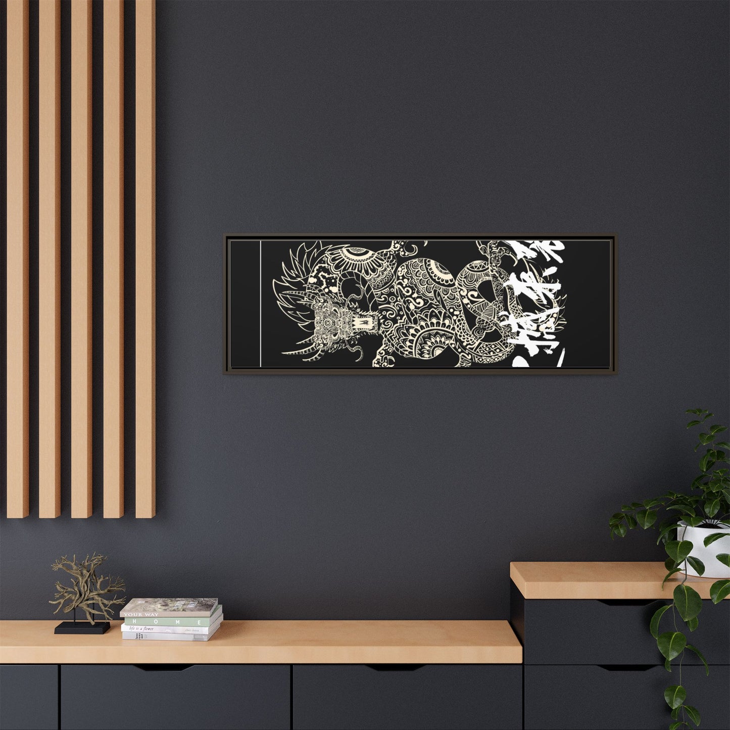 Framed Dragon Art Print, Asian-Inspired Wall Decor, Gift for Art Lovers, Feng Shui Home Accent, Black and White Canvas