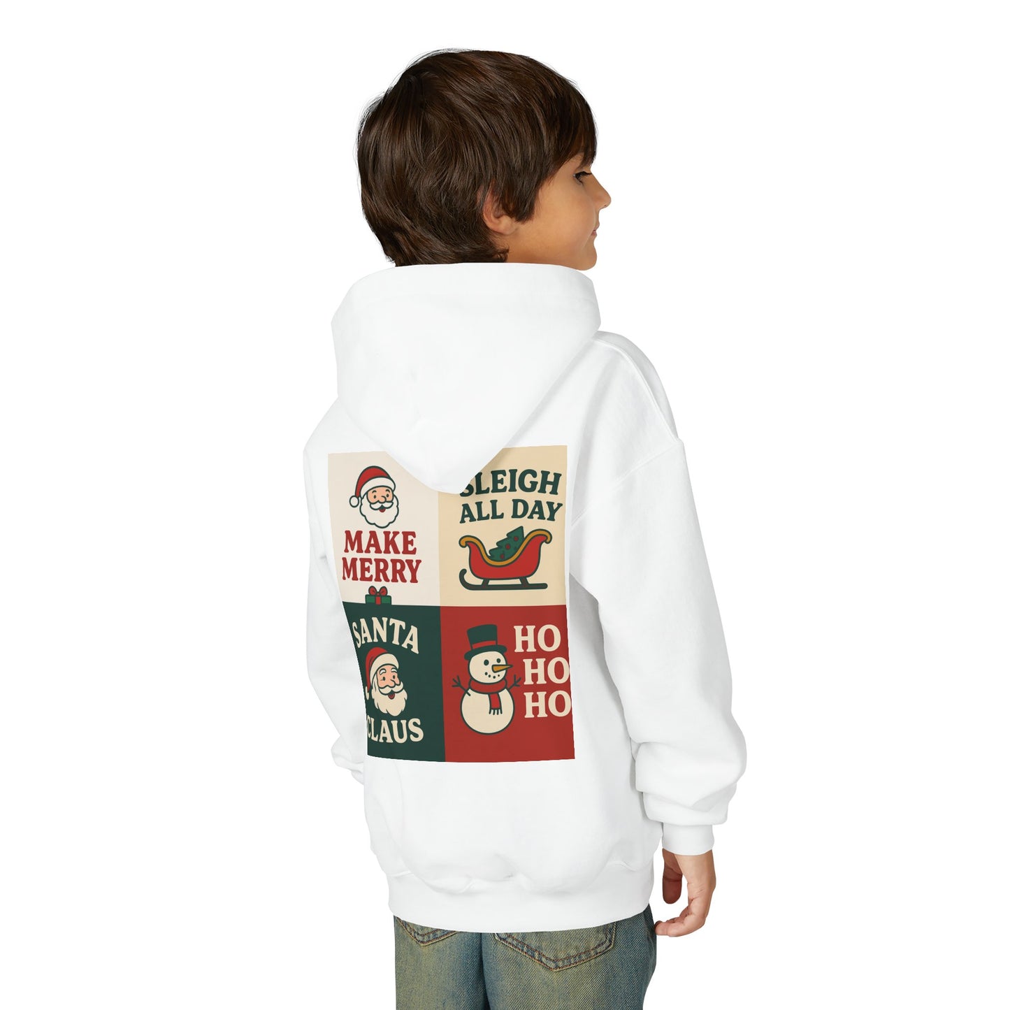Festive Youth Hoodie with Santa & Snowman Design | Holiday Sweatshirt for Kids, Winter Pullover, Christmas Gift, Cozy Layer