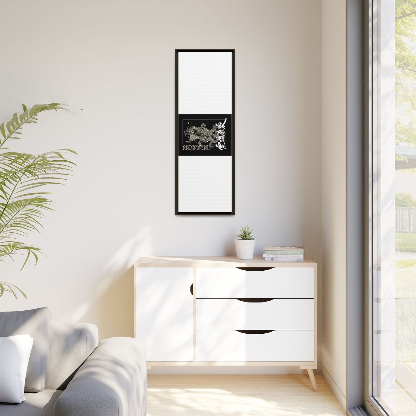 Framed Dragon Art Print, Asian-Inspired Wall Decor, Gift for Art Lovers, Feng Shui Home Accent, Black and White Canvas
