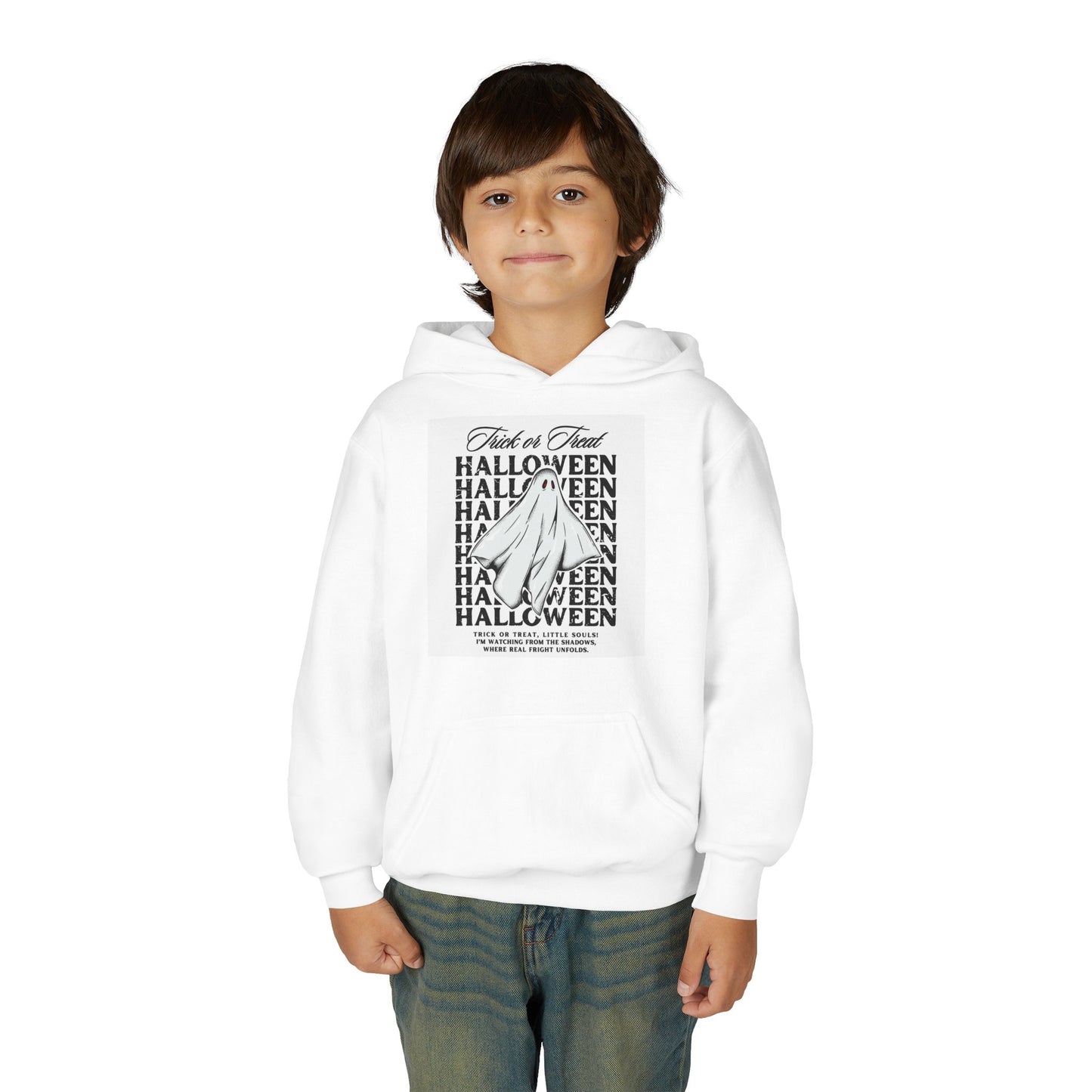 Halloween Youth Hoodie, Spooky Season Sweatshirt, Trick or Treat Pullover, Kids Halloween Apparel, White Halloween Hoodie