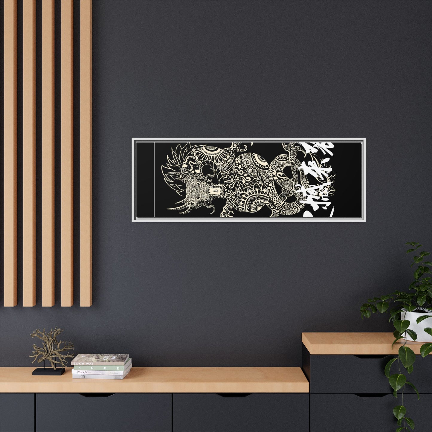Framed Dragon Art Print, Asian-Inspired Wall Decor, Gift for Art Lovers, Feng Shui Home Accent, Black and White Canvas