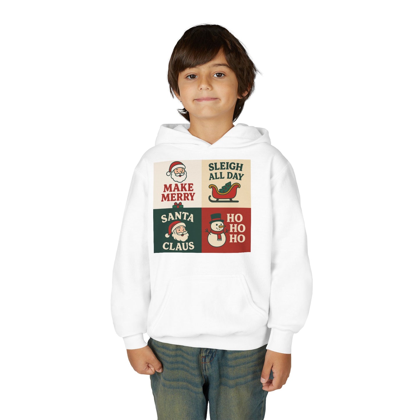 Festive Youth Hoodie with Santa & Snowman Design | Holiday Sweatshirt for Kids, Winter Pullover, Christmas Gift, Cozy Layer