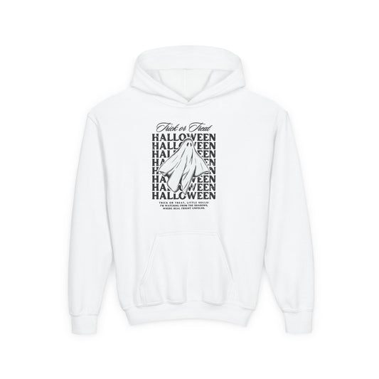 Halloween Youth Hoodie, Spooky Season Sweatshirt, Trick or Treat Pullover, Kids Halloween Apparel, White Halloween Hoodie