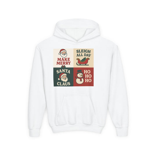 Festive Youth Hoodie with Santa & Snowman Design | Holiday Sweatshirt for Kids, Winter Pullover, Christmas Gift, Cozy Layer
